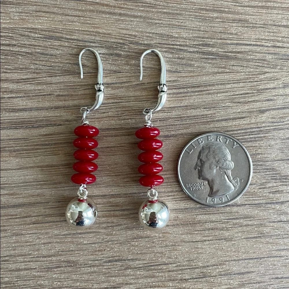 HAND CRAFTED RED & SILVER BALL DROP DANGLE EARRINGS Modern Minimalist Statement